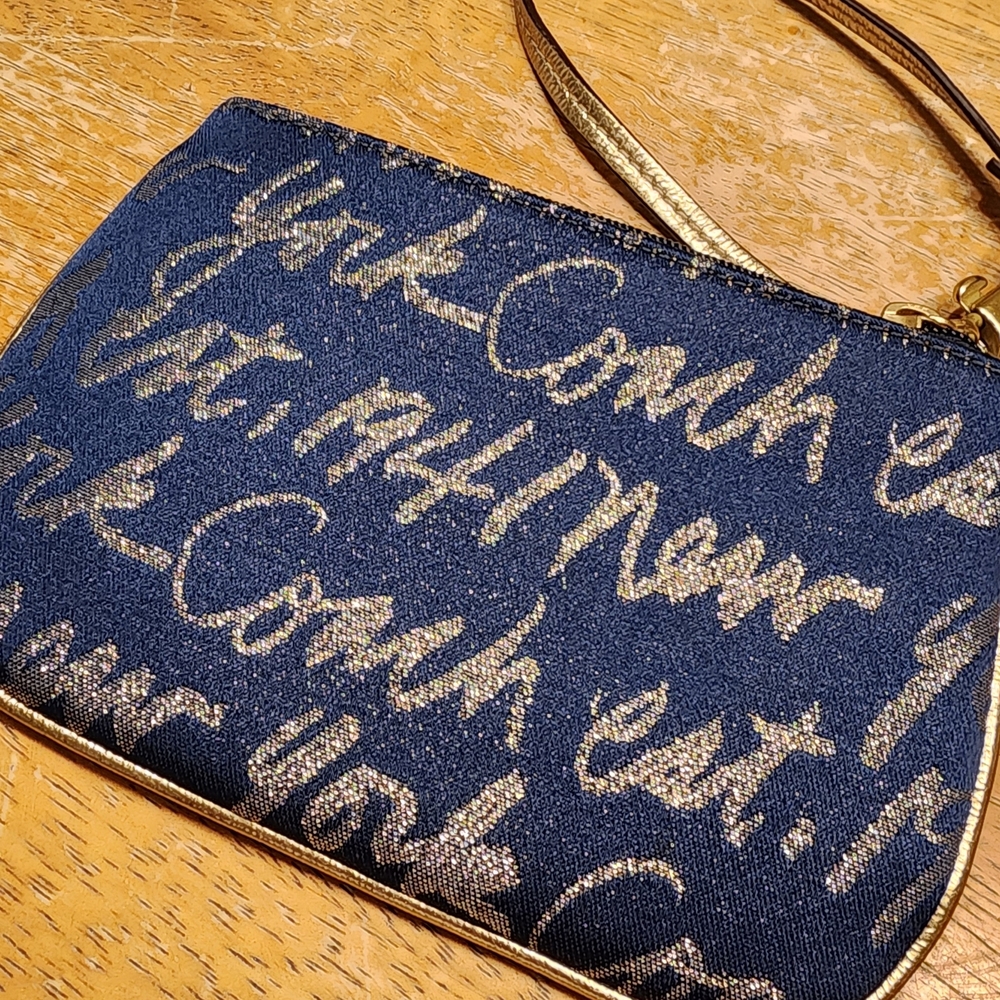 Coach Navy Blue Glitter Script Heart Wristlet - Picture 8 of 10